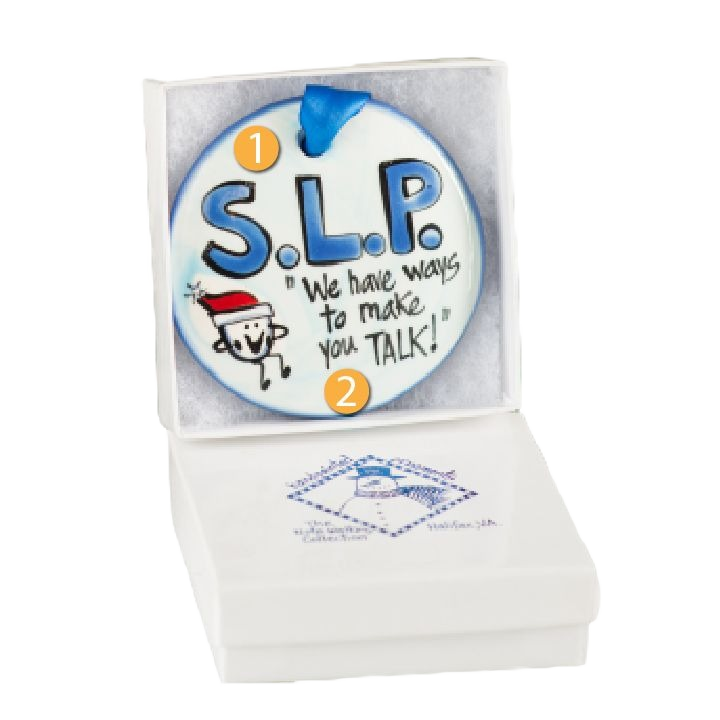 Hand-painted ceramic speech therapist ornament with blue ribbon in gift box for Christmas tree decorations under $50