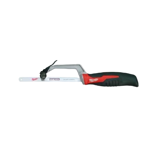 Compact hacksaw with ergonomic black and red handle designed for precise cutting in home improvement projects