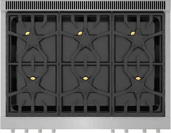 Top view of stainless steel professional gas range with six patented Star® burners from Thermador collection