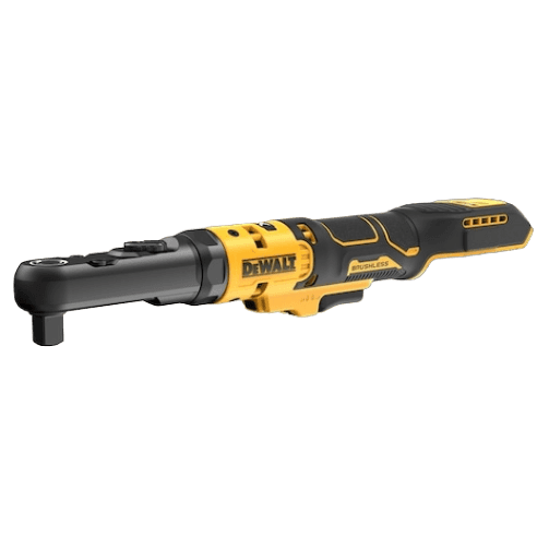 Cordless yellow and black sealed head ratchet with brushless motor for professional hand and woodworking tools collection