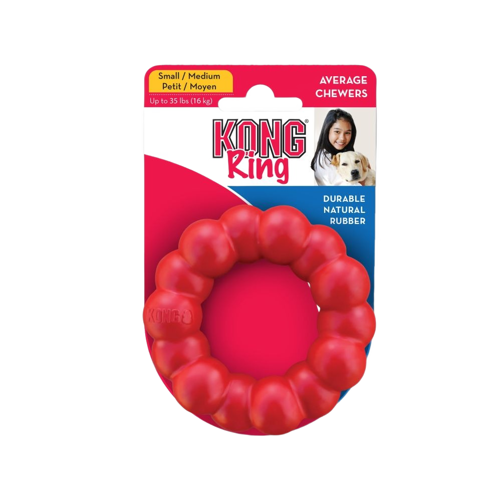 Red durable rubber dog chew ring for small to medium dogs, ideal for average chewers and pet enrichment toys