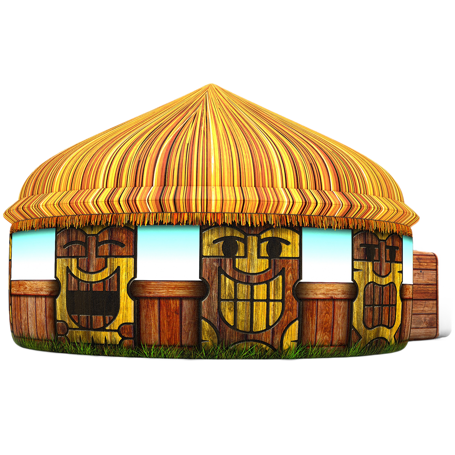 Inflatable Tiki Hut play fort with straw roof and wooden tiki face designs around the exterior wall