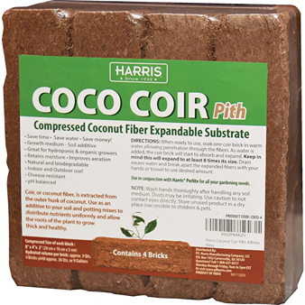 Compressed coconut fiber bricks for soil amendment and gardening uses in mulch and soil outdoor living collections
