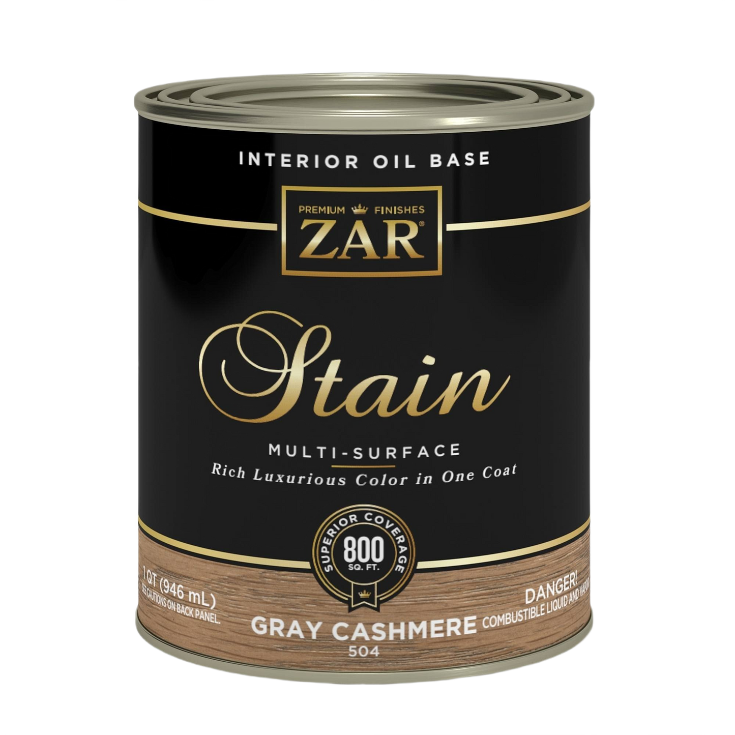 Quart can of oil-based gray cashmere wood stain for interior use in staining, sealing, and finishing wood surfaces.