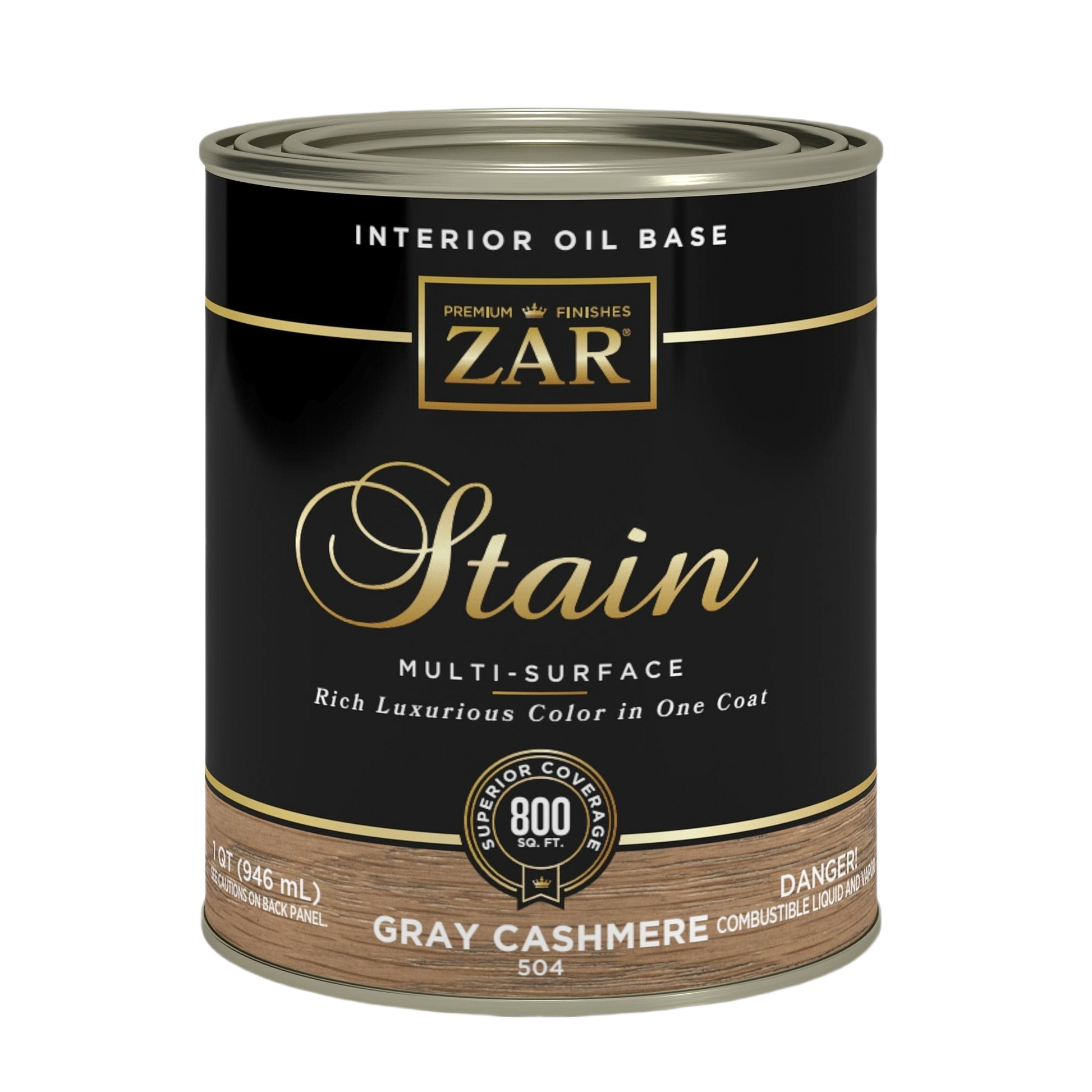 Quart can of oil-based gray cashmere wood stain for interior use in staining, sealing, and finishing wood surfaces.