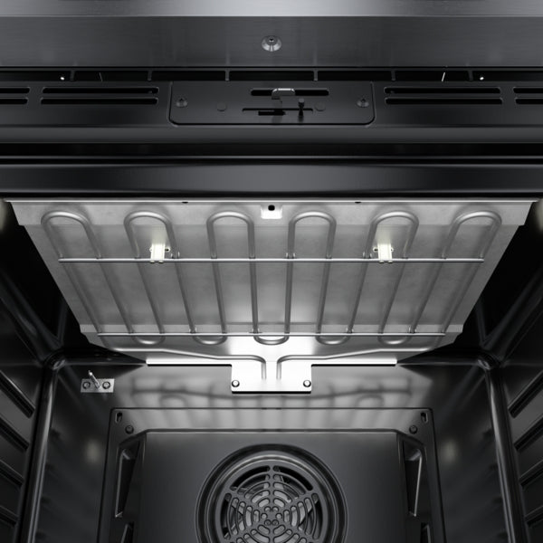 Interior view of stainless steel single wall oven showing heating element and convection fan from Bosch appliances collection