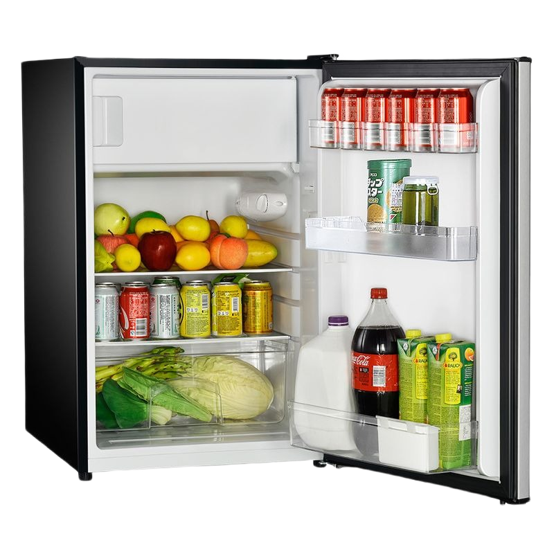 Compact counterhigh refrigerator with true freezer compartment stocked with drinks, fresh fruit, vegetables, and dairy in appliance collection