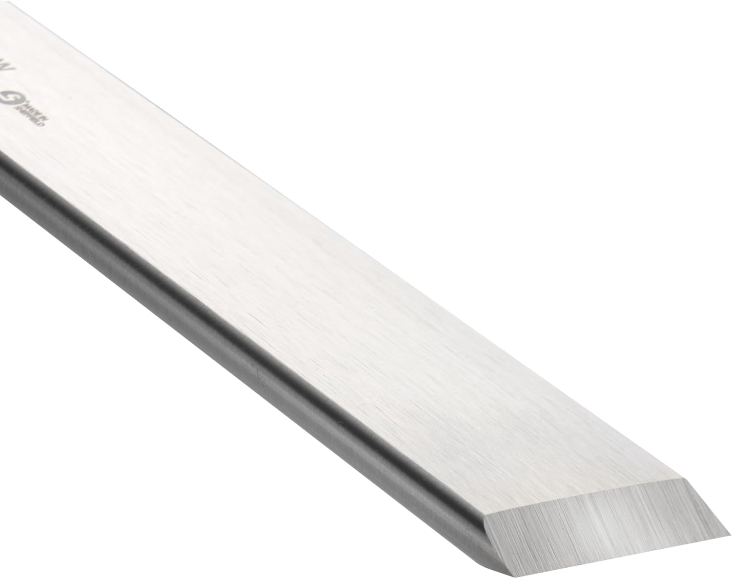 Close-up of high-speed steel blade edge on woodworking skew chisel for tools under $100 and home improvement collections