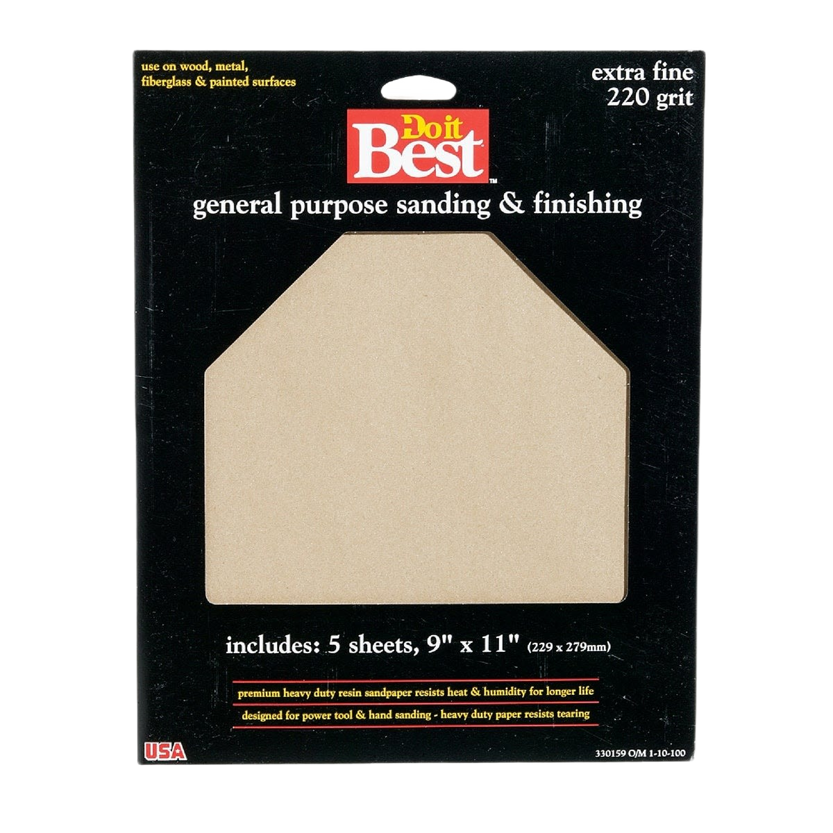 Pack of five extra fine 220-grit general purpose sandpaper sheets for wood, metal, and painted surfaces in sandpaper collections