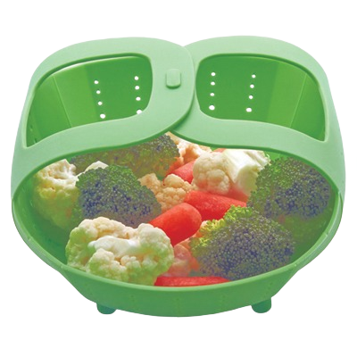 Green silicone steamer basket with high walls and flexible handles holding assorted steamed vegetables in kitchenware collection