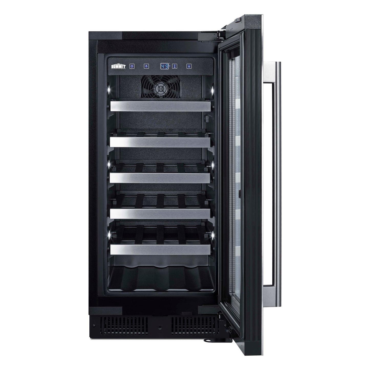 15-inch wide built-in wine cellar with glass door, multiple metal shelves, and digital control panel from Refrigerators collection