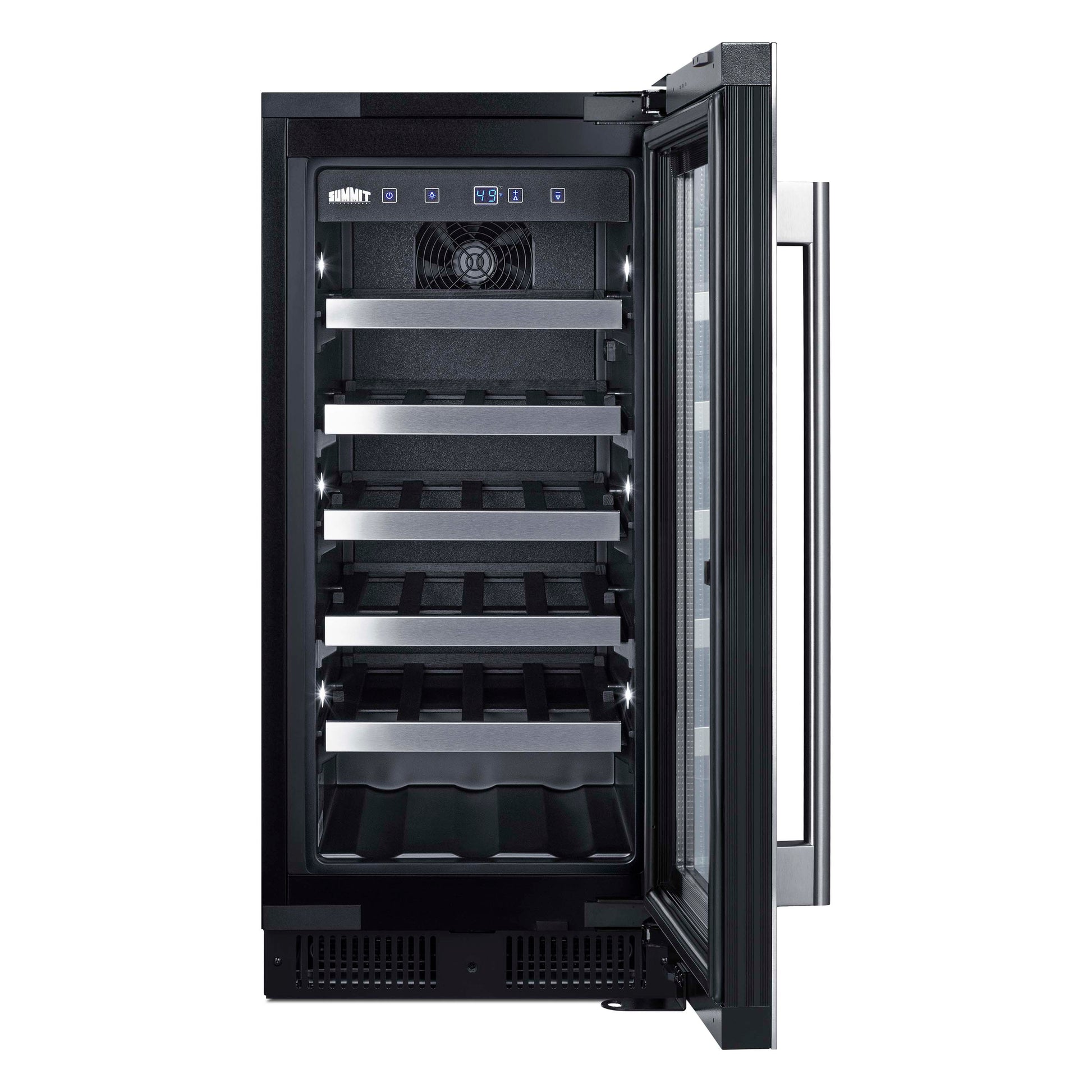15-inch wide built-in wine cellar with glass door, multiple metal shelves, and digital control panel from Refrigerators collection