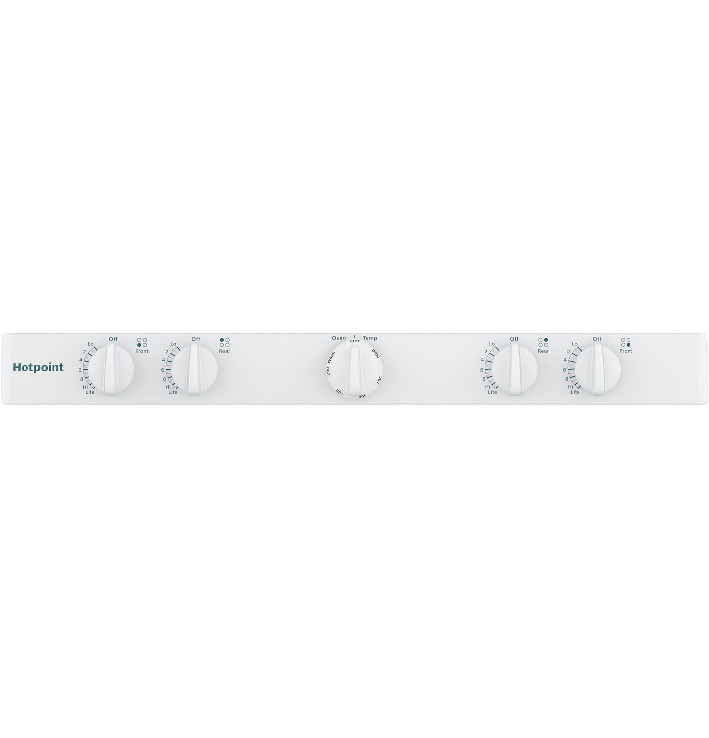 Control panel of white Hotpoint free-standing gas range with five knobs for burners and oven settings in appliances collection