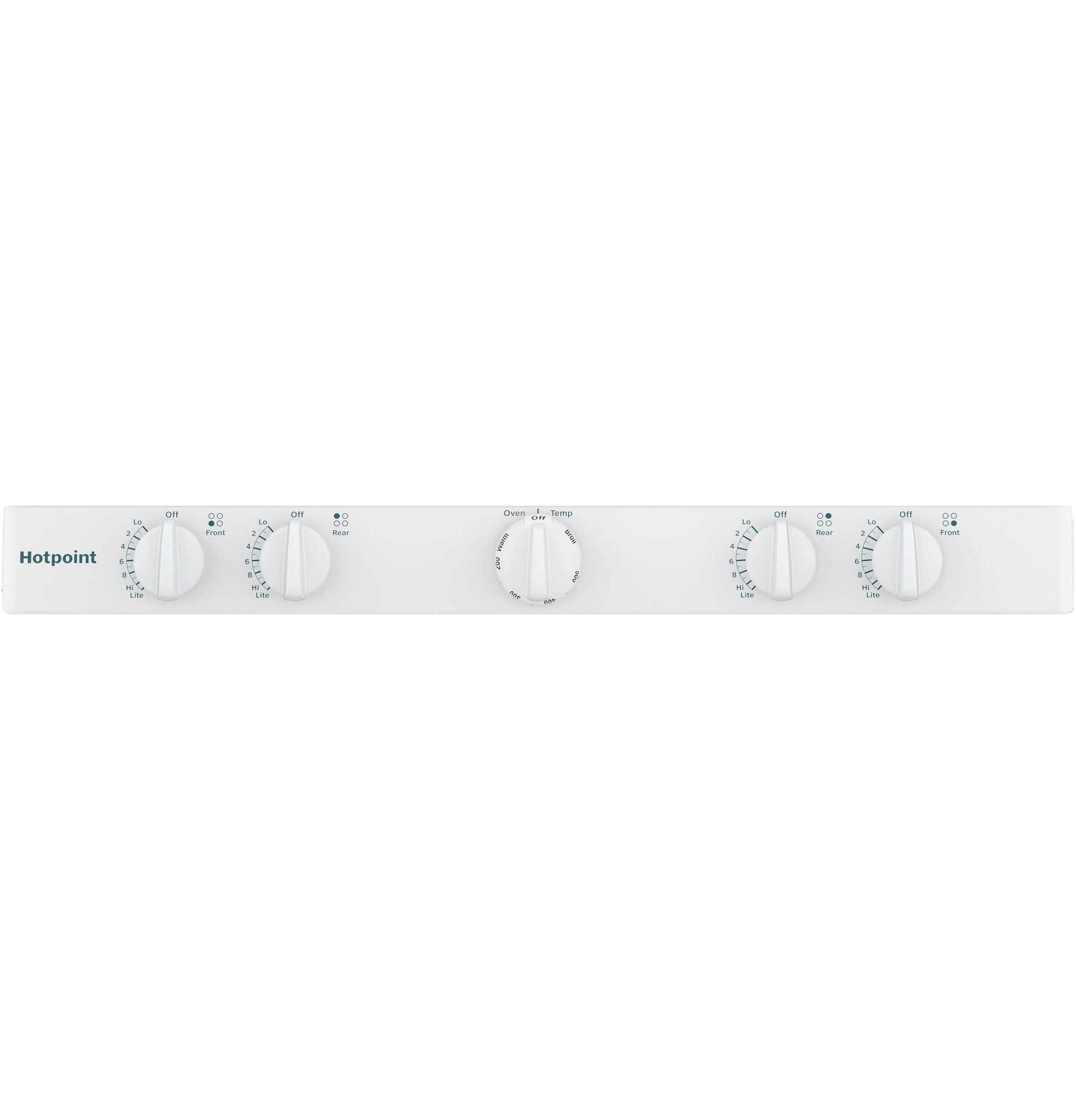 Control panel of white Hotpoint free-standing gas range with five knobs for burners and oven settings in appliances collection