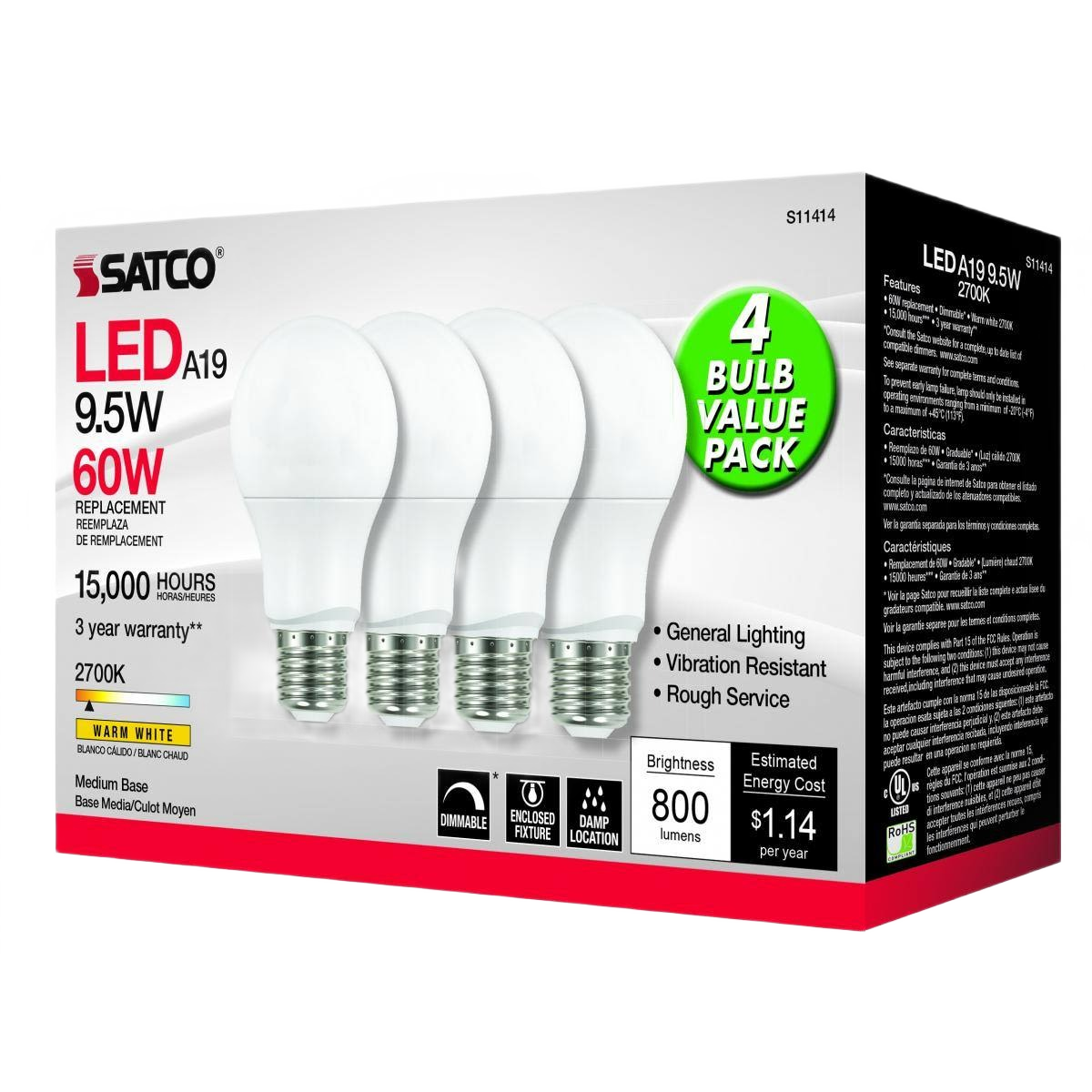 Four-pack of Satco 9.5 watt A19 LED warm white bulbs with medium base for energy-efficient home lighting