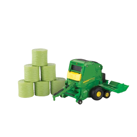 Green miniature round baler toy with six light green hay bales for collectible display or play