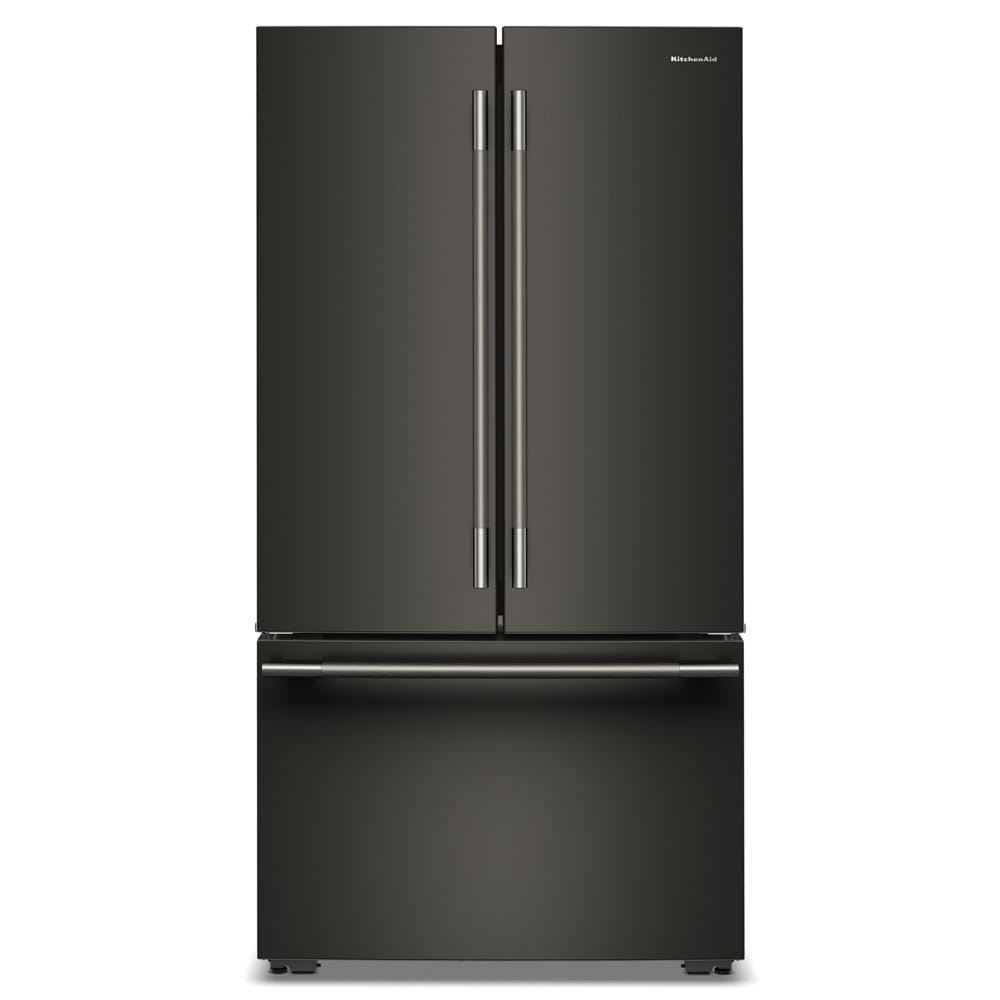 Front view of a black counter-depth French door refrigerator with sleek vertical handles and a bottom freezer drawer, part of French Door Refrigerators and Kitchen & Kitchenware collections for home improvement.