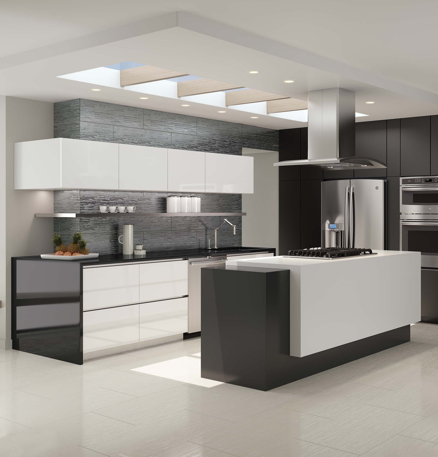 Spacious modern kitchen with island cooktop and stainless steel island-mount chimney hood under skylights in sleek appliance setting