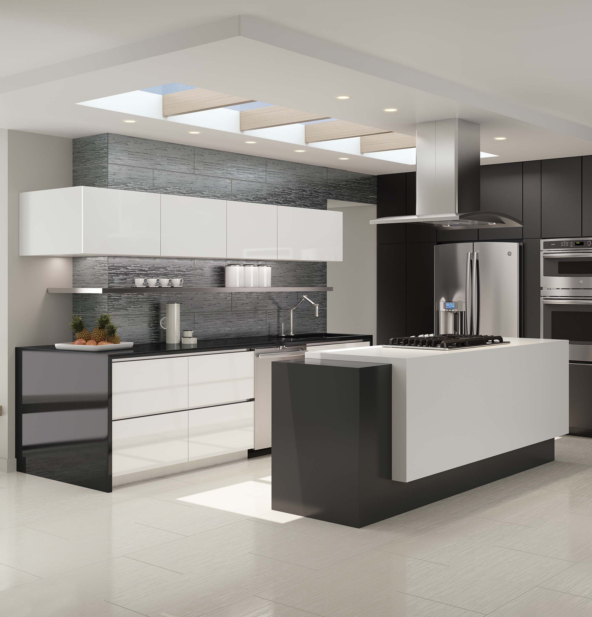 Spacious modern kitchen with island cooktop and stainless steel island-mount chimney hood under skylights in sleek appliance setting