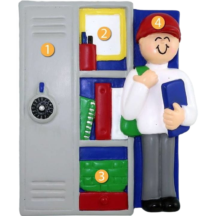 Personalized locker ornament with books and smiling male student holding folder, festive Christmas decoration under $50