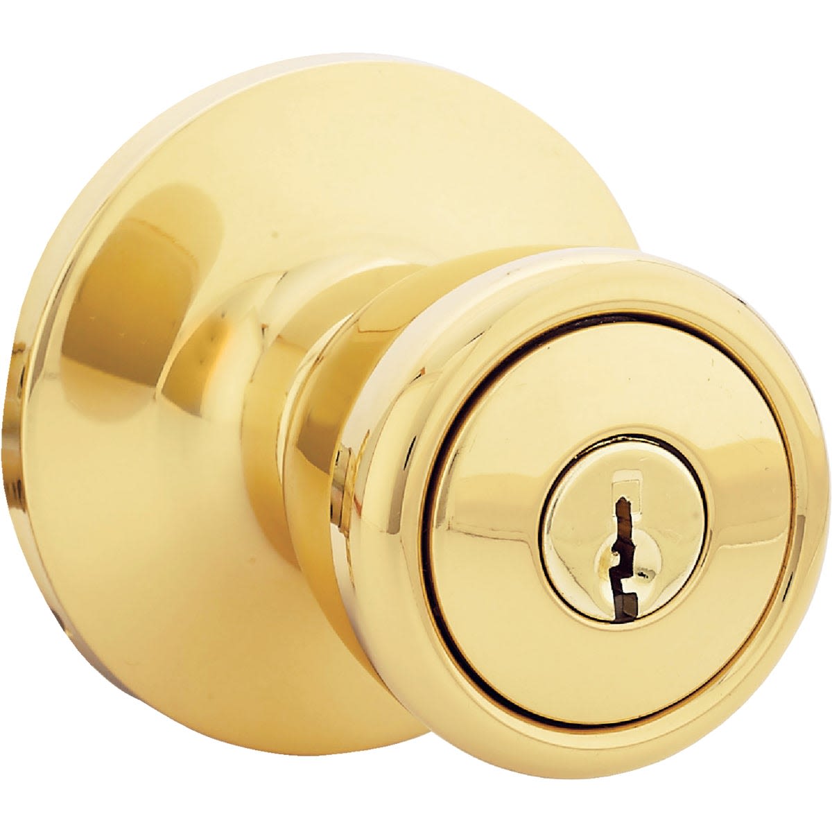Polished brass tulip-style entry door knob with keyed lock for exterior doors in home improvement hardware collections