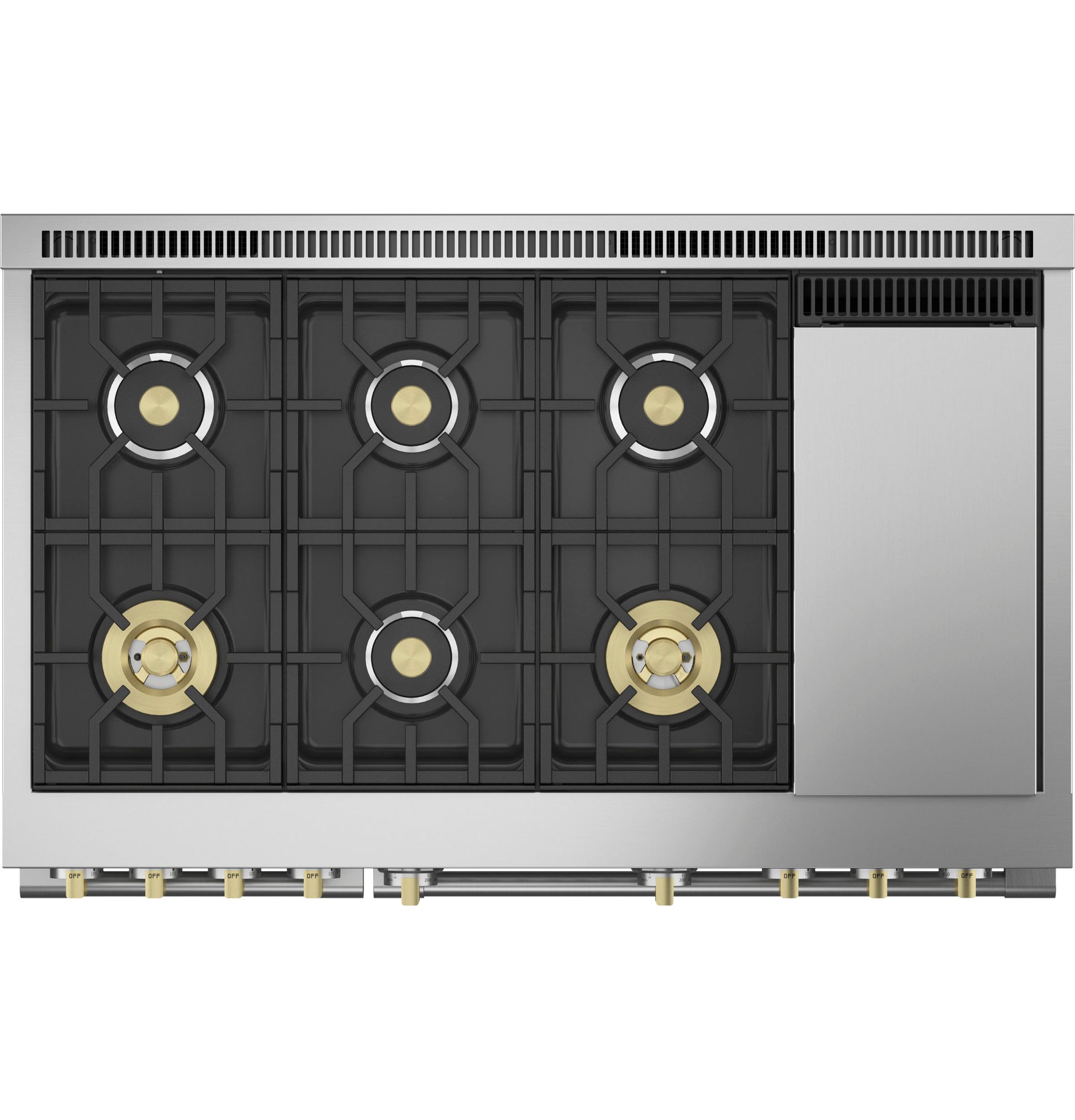 Top view of stainless steel 48-inch professional dual-fuel range with six burners and integrated griddle in kitchen appliances collection