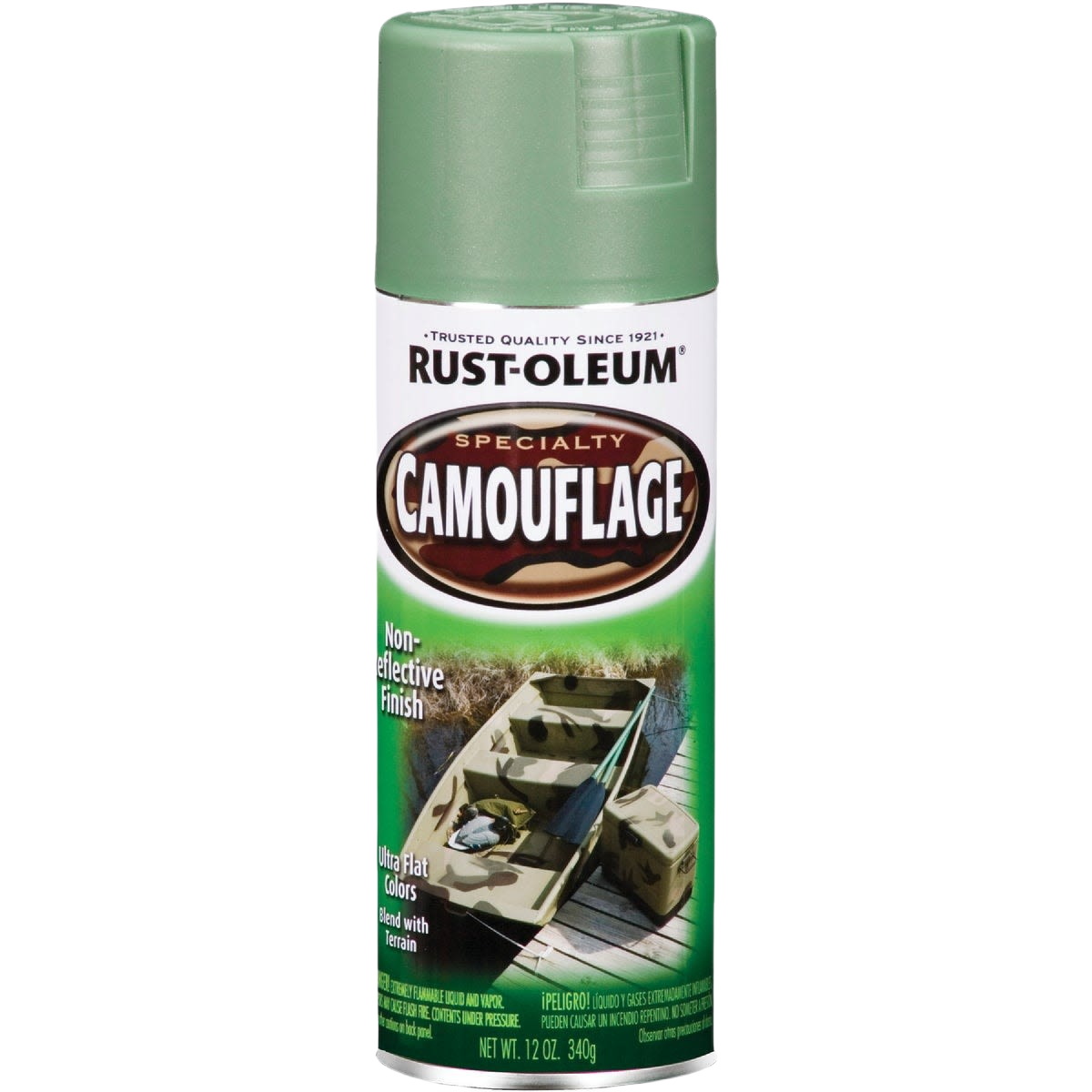 12 oz can of Rust-Oleum camouflage spray paint in army green with a flat, non-reflective finish for outdoor use