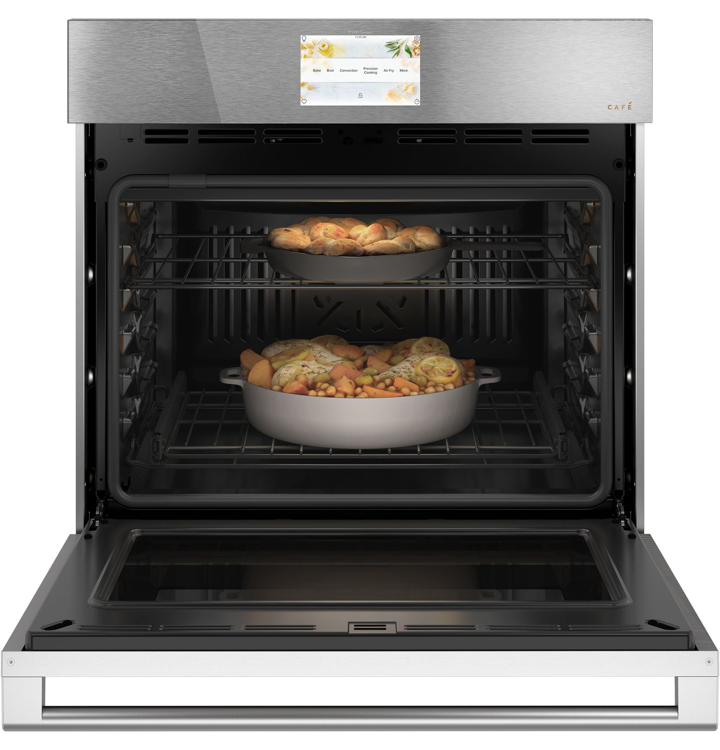 Open smart wall oven in platinum glass with convection cooking and two racks holding baked dishes in kitchen appliance setting