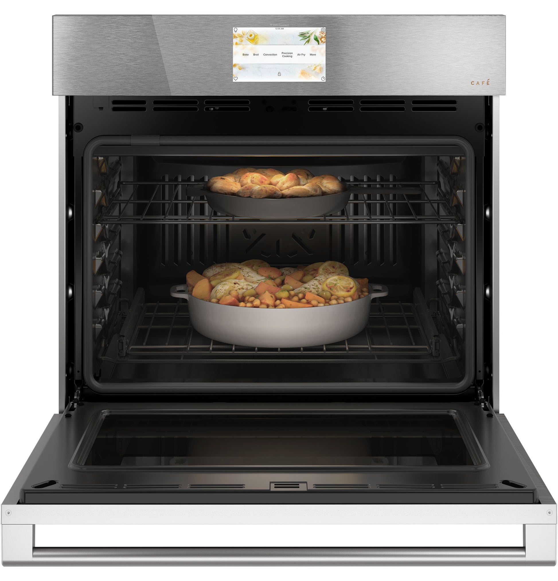 Open smart wall oven in platinum glass with convection cooking and two racks holding baked dishes in kitchen appliance setting