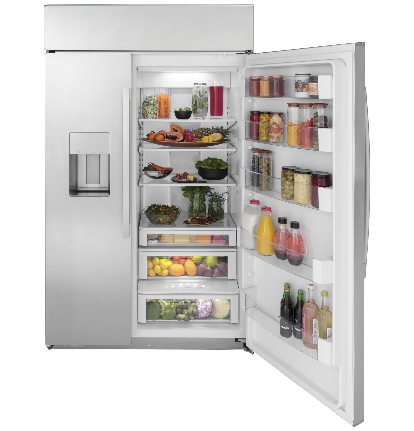 Built-in stainless steel side-by-side refrigerator open to show organized fresh produce and beverage storage compartments