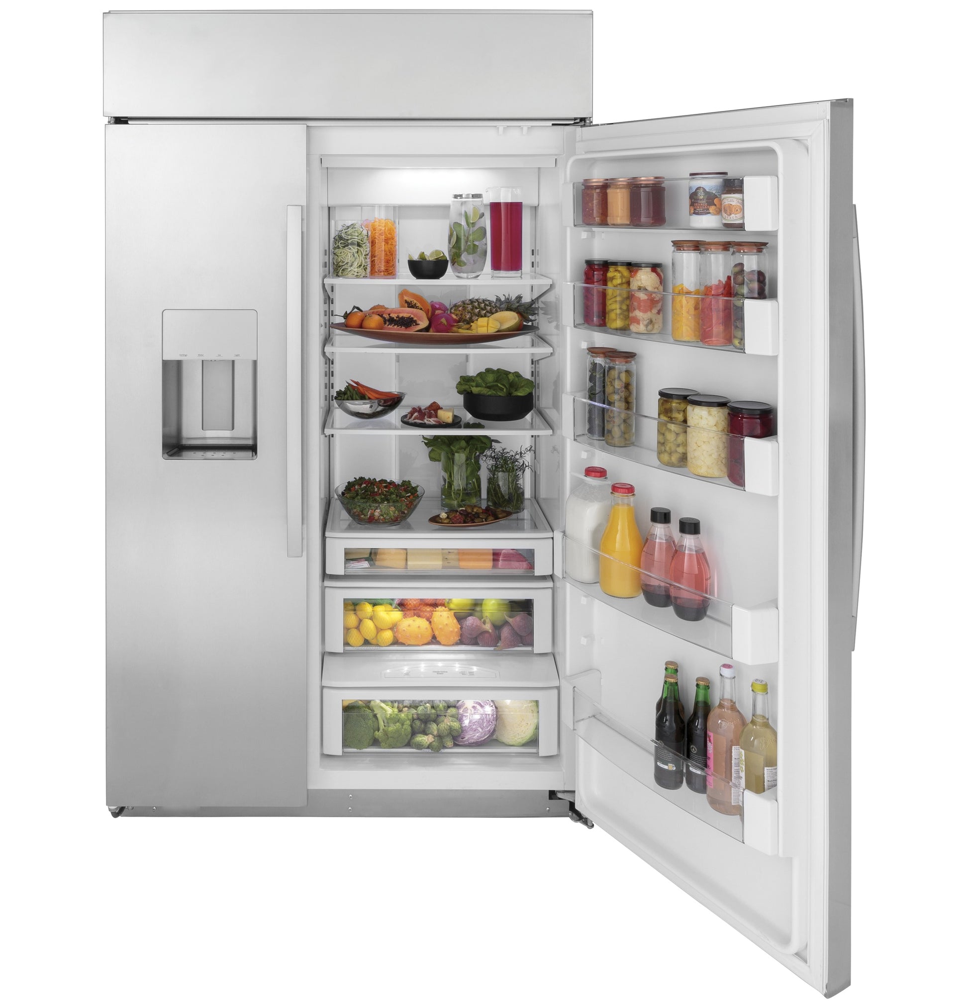 Built-in stainless steel side-by-side refrigerator open to show organized fresh produce and beverage storage compartments
