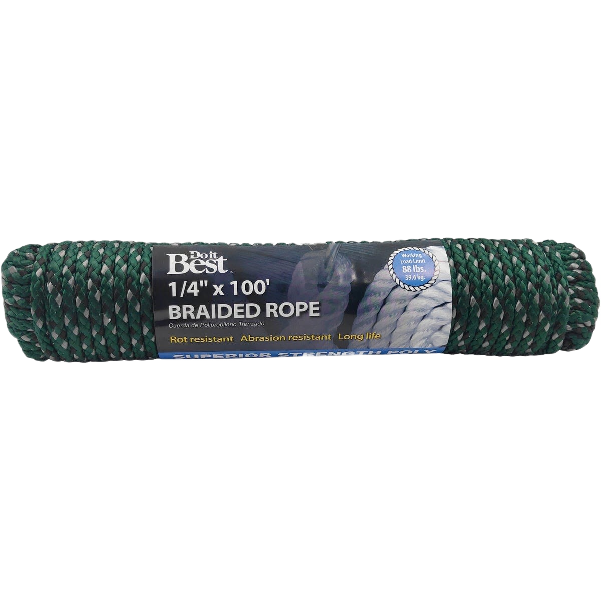 Green double braided polypropylene rope packaged in a 100-foot coil designed for durable home improvement use