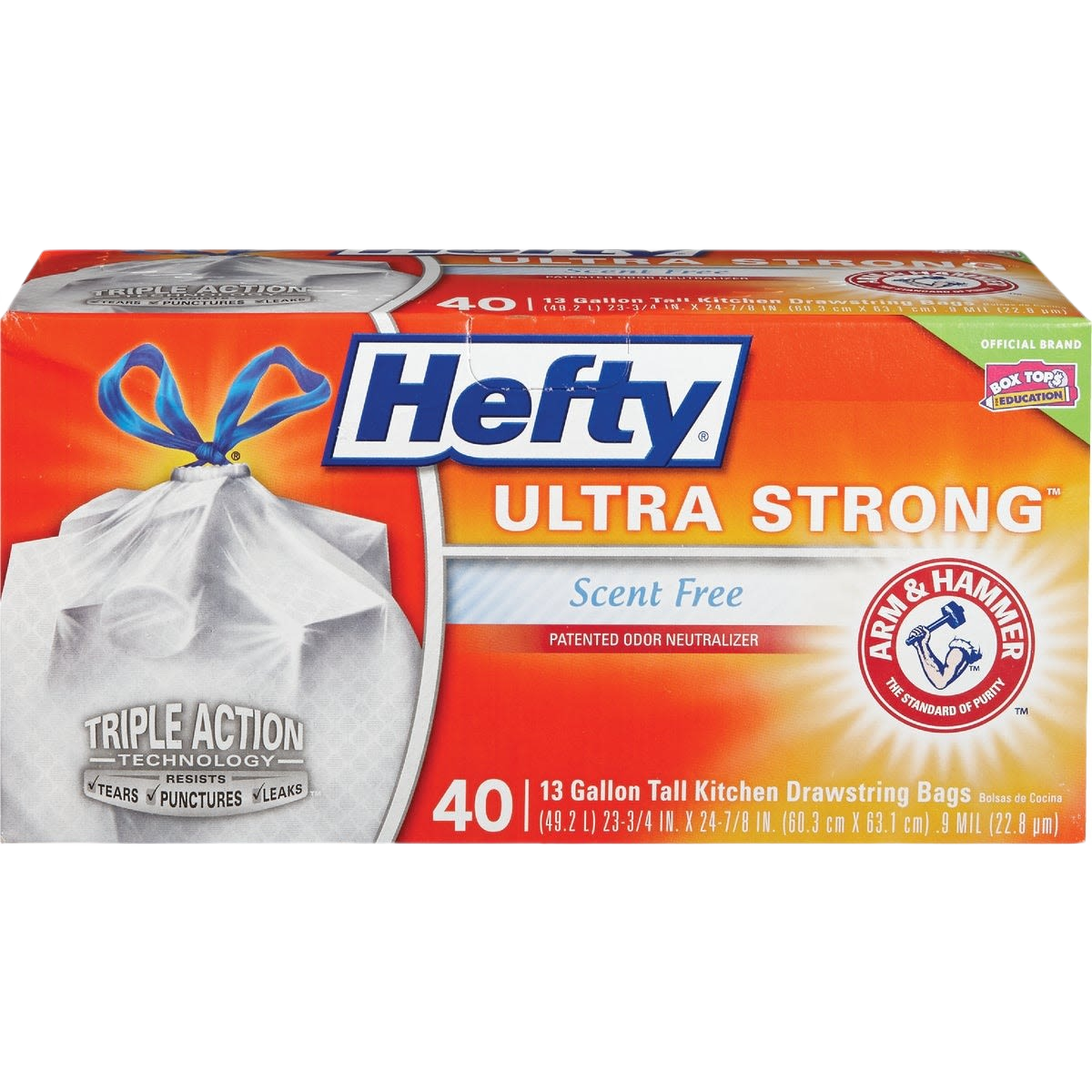 Box of 40 scent-free, ultra-strong 13-gallon white kitchen drawstring trash bags for cleaning and recycling needs