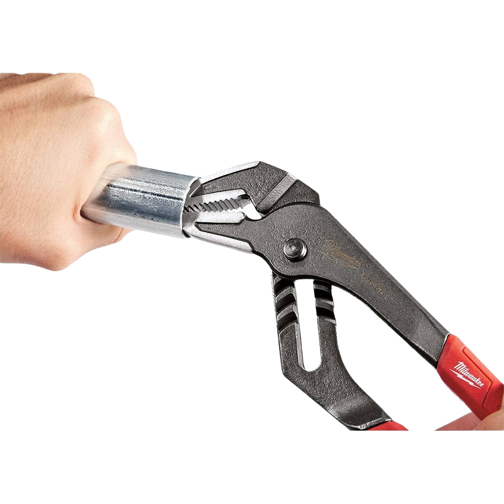 Hand gripping metal pipe with red-handled locking pliers designed for secure clamping in home improvement tasks