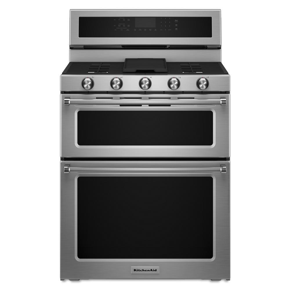 Stainless steel 30-inch dual fuel convection range with five gas burners, double electric ovens, and digital control panel, part of Ranges, Kitchen & Kitchenware, KitchenAid, Appliances, All Products, and Ranges & Cooktops collections.