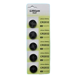 Pack of five lithium CR2032 button cell batteries arranged on a yellow card for home tools and electronics use
