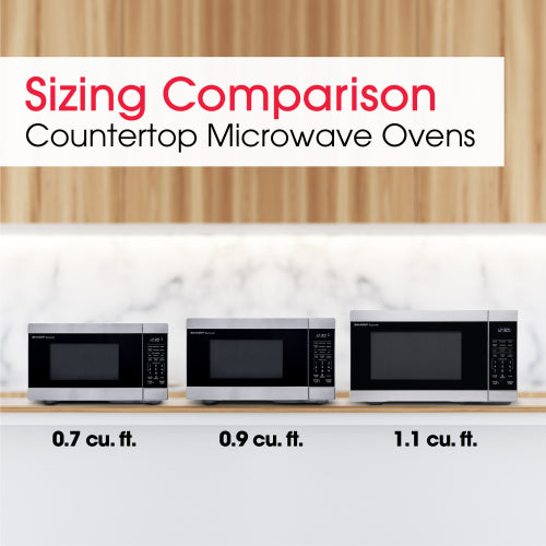 Three different sized countertop microwave ovens in black and stainless steel shown side by side on kitchen counter with sizing labels