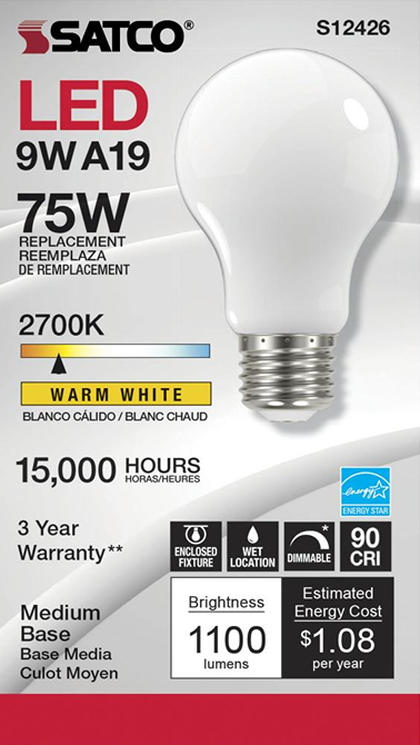 Satco LED A19 bulb with warm white 2700K light, medium base, 1100 lumens, dimmable, energy efficient under $50 lighting accessory
