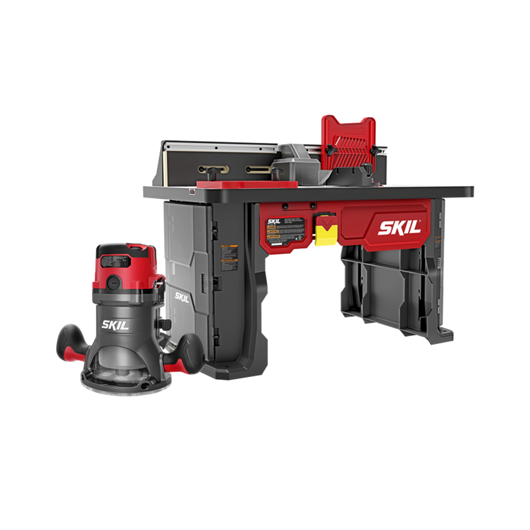 Compact red and black fixed base router with a matching table for woodworking and home improvement tasks