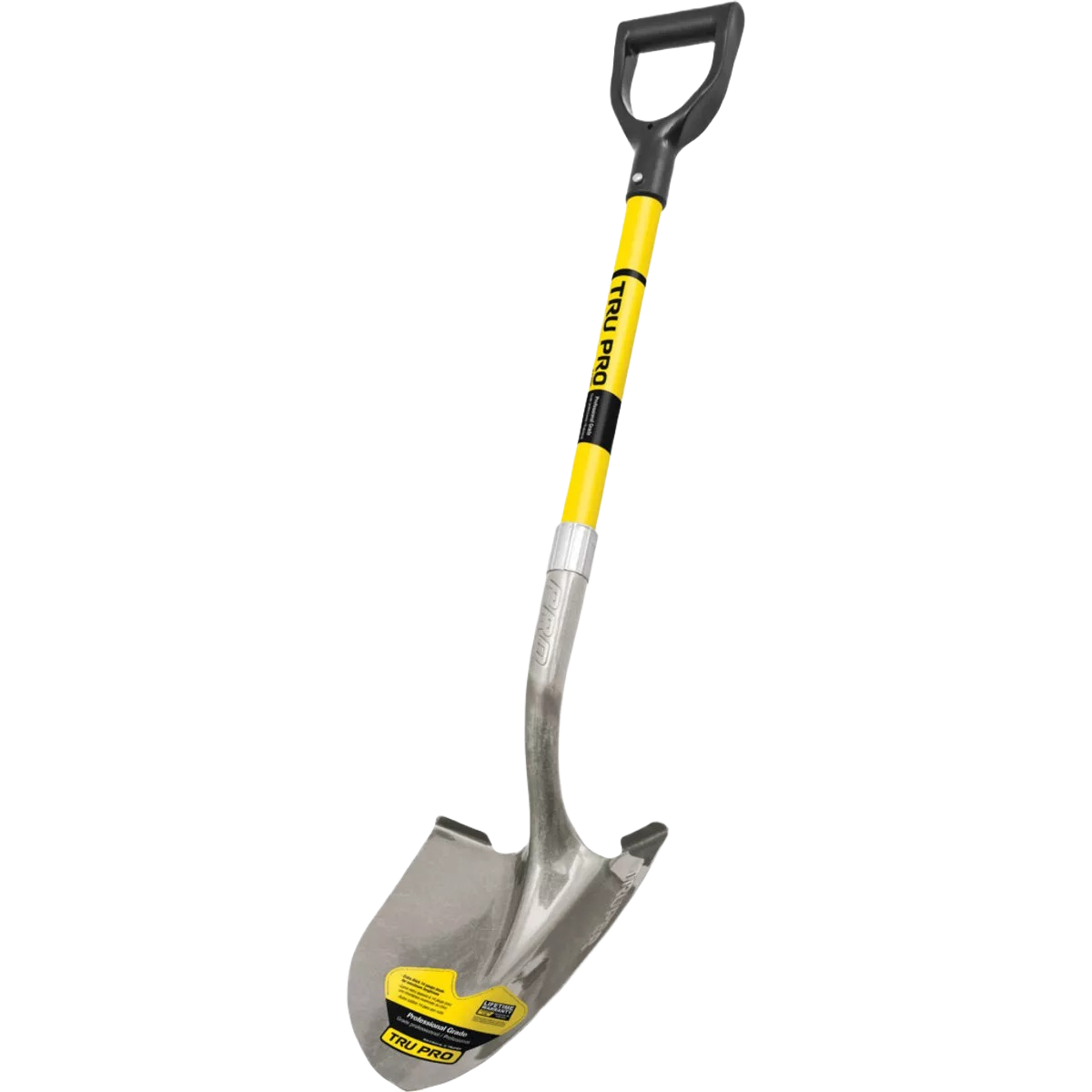 Heavy-duty fiberglass D-handle round point shovel with steel blade for gardening, digging, and outdoor hand tool use under $50.