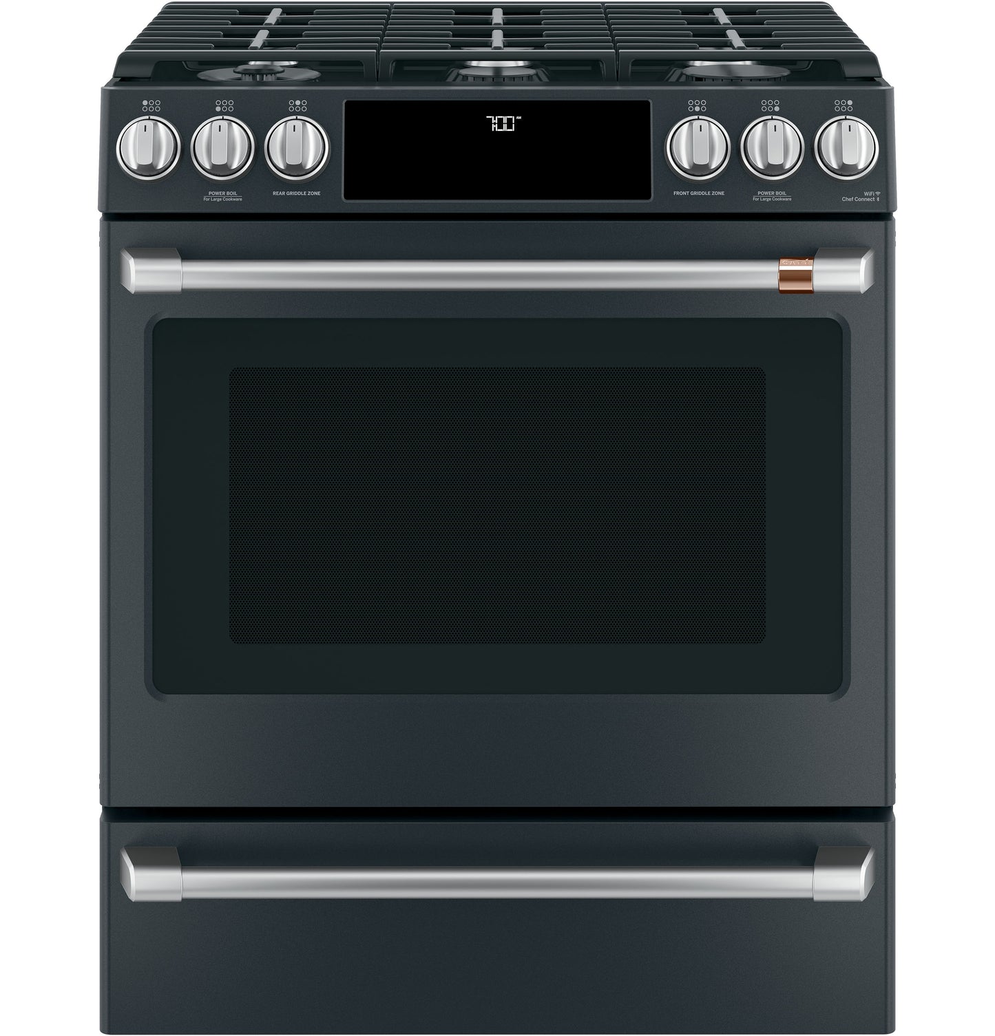 Front view of smart black slide-in gas range with stainless steel handles and digital control panel in kitchen appliances collection