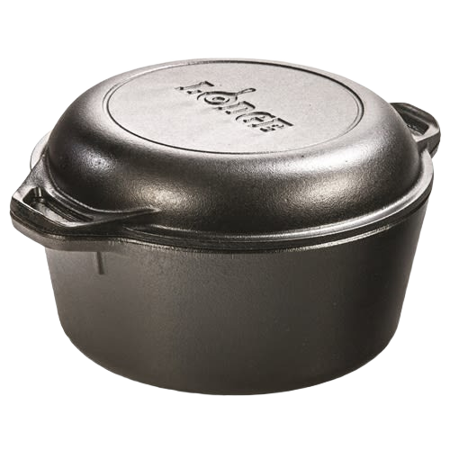 Black cast iron double Dutch oven with tight-fitting lid for versatile cooking in kitchenware and Lodge cast iron collections