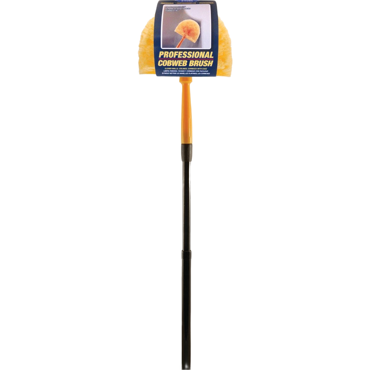 Professional cobweb brush with yellow head and extendable black handle for tools and home improvement use
