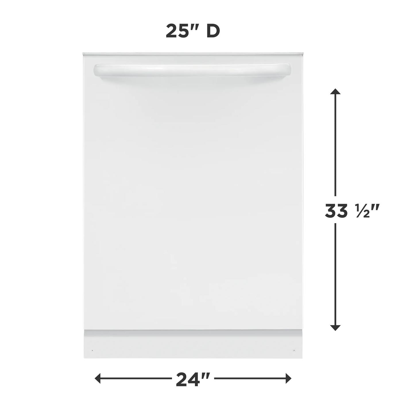 Front view of a white built-in dishwasher with handle and dimensions for kitchen and home improvement collections
