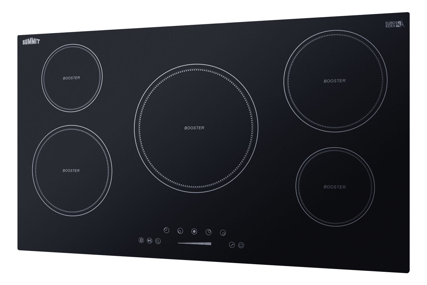 Black 36-inch induction cooktop with five cooking zones and touch control panel in kitchen appliances collection
