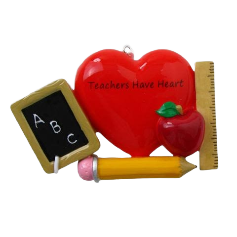 Red heart ornament with pencil, ruler, apple, and chalkboard reading "Teachers Have Heart" for Christmas decoration collection