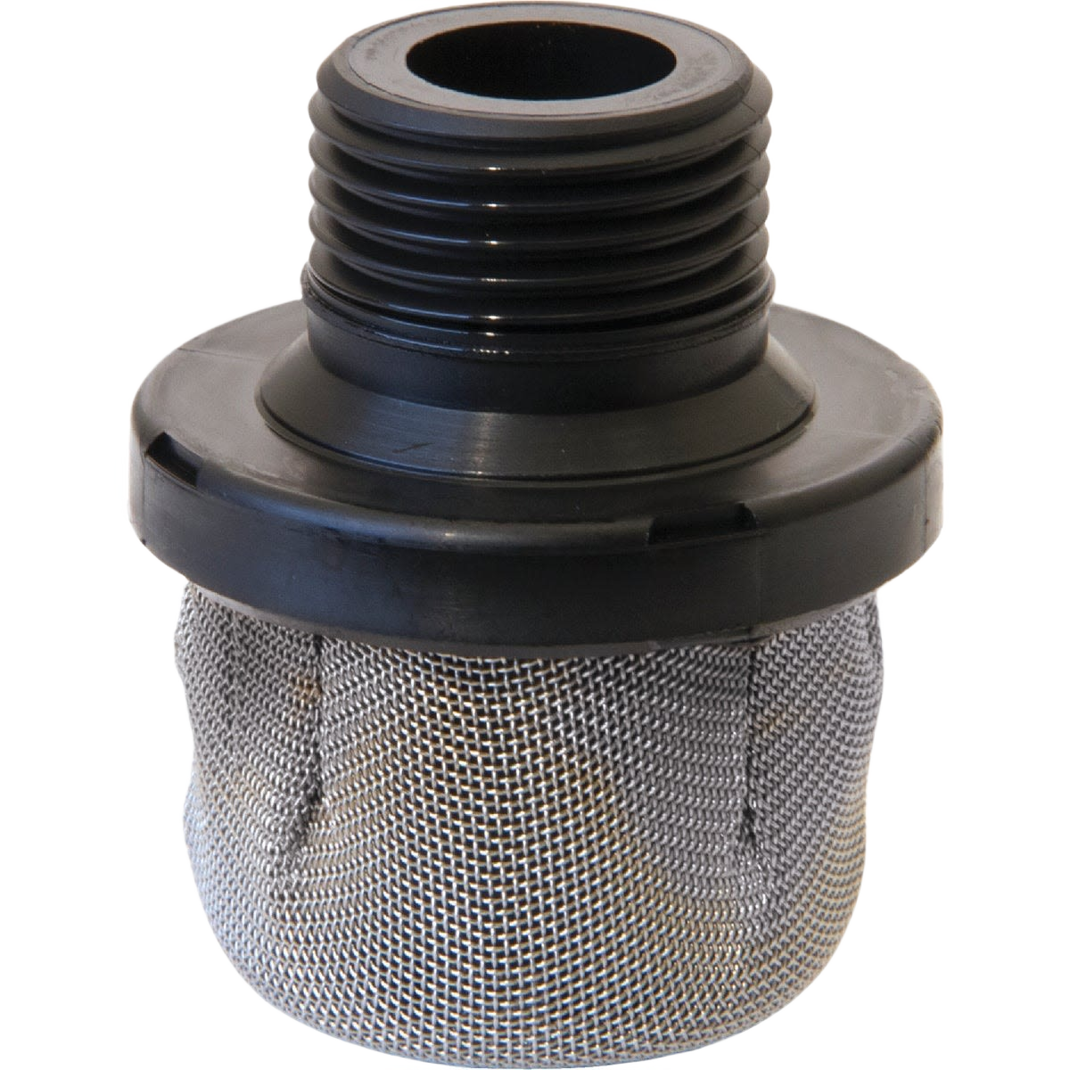 Black plastic threaded inlet strainer filter with metal mesh screen for paint sprayers and tools in home improvement