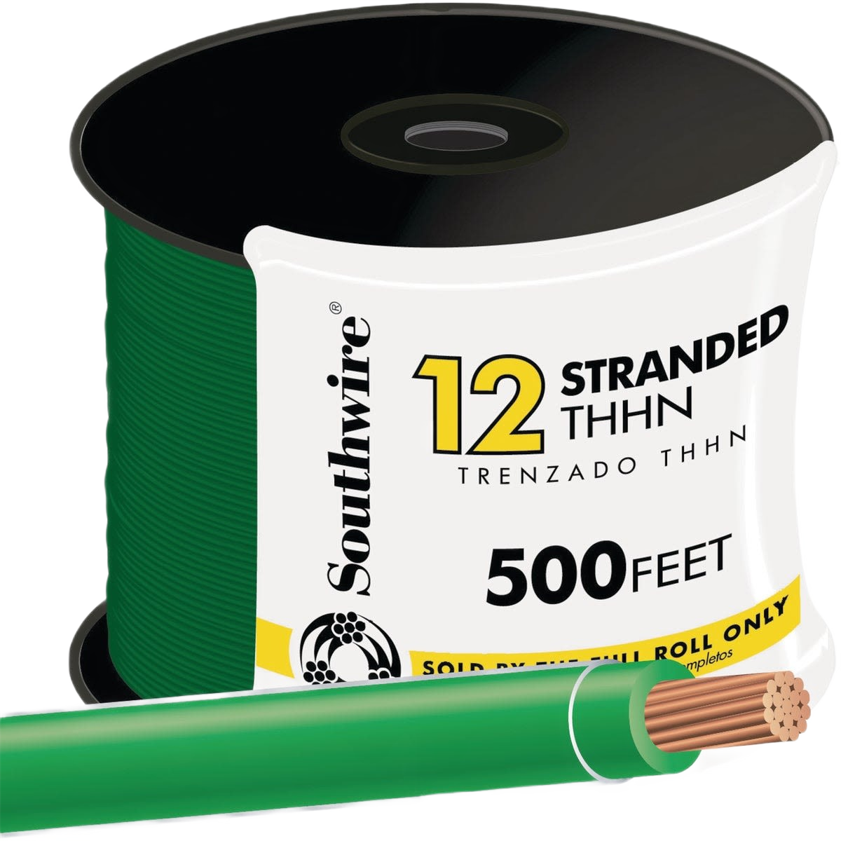 Spool of green stranded 12-AWG THHN wire with exposed copper strands for home improvement projects and tools