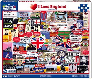 Colorful collage puzzle featuring British landmarks, symbols, and cultural icons in a 1000-piece design