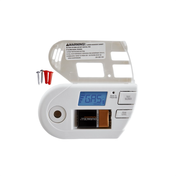 White plug-in electrochemical carbon monoxide and gas detector with digital display and test buttons in fire safety and electrical collections